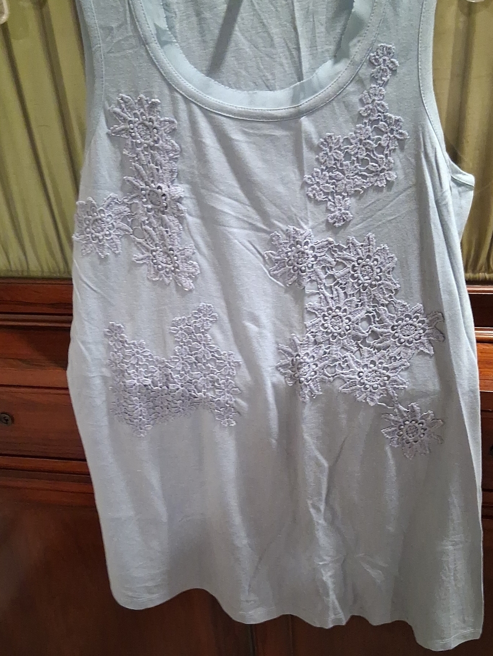 Women’s Light Blue Sleeveless Tank with Floral Lace Appliqué